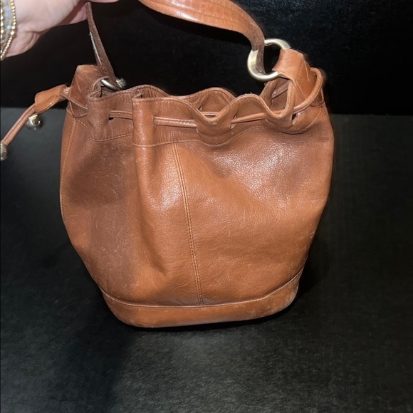 Vintage Handbags - Vintage Brown Leather Drawstring Bucket Bag with Silver Hardware